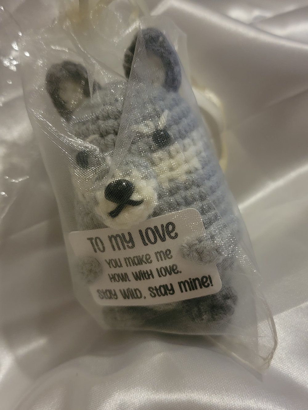 Crochet Gray Wolf Plush, Romantic for Birthday, Keepsake , Wedding Anniversary